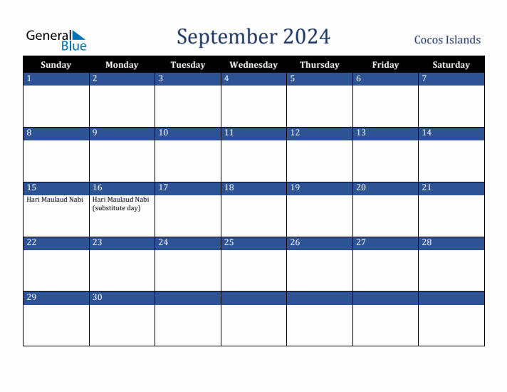 September 2024 Cocos Islands Calendar (Sunday Start)