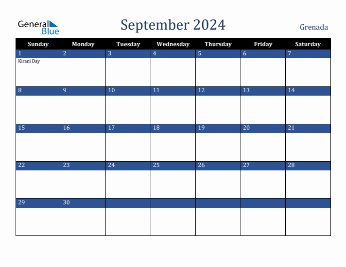 September 2024 Grenada Calendar (Sunday Start)