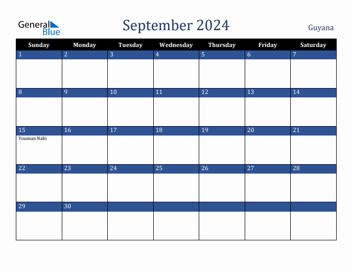 September 2024 Guyana Calendar (Sunday Start)
