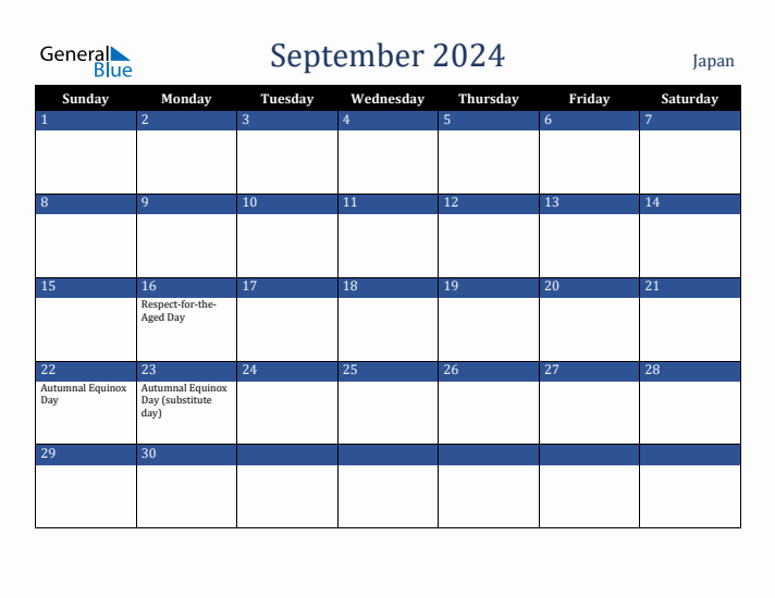September 2024 Japan Calendar (Sunday Start)