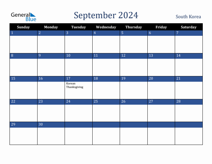 September 2024 South Korea Calendar (Sunday Start)