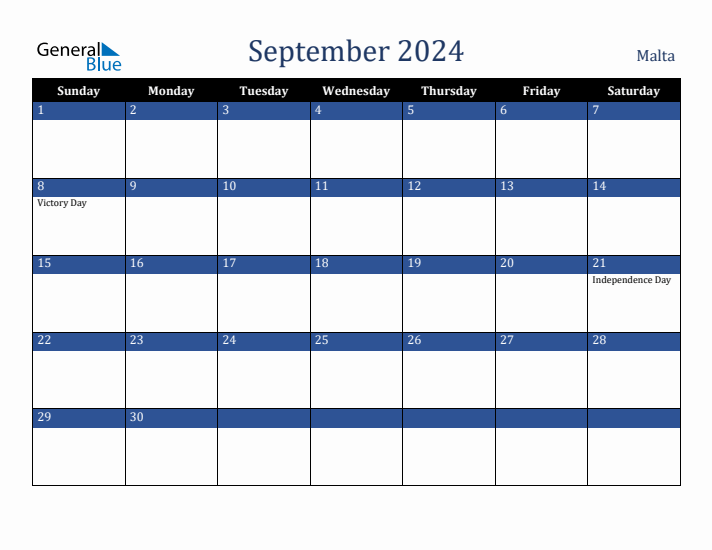 September 2024 Malta Calendar (Sunday Start)