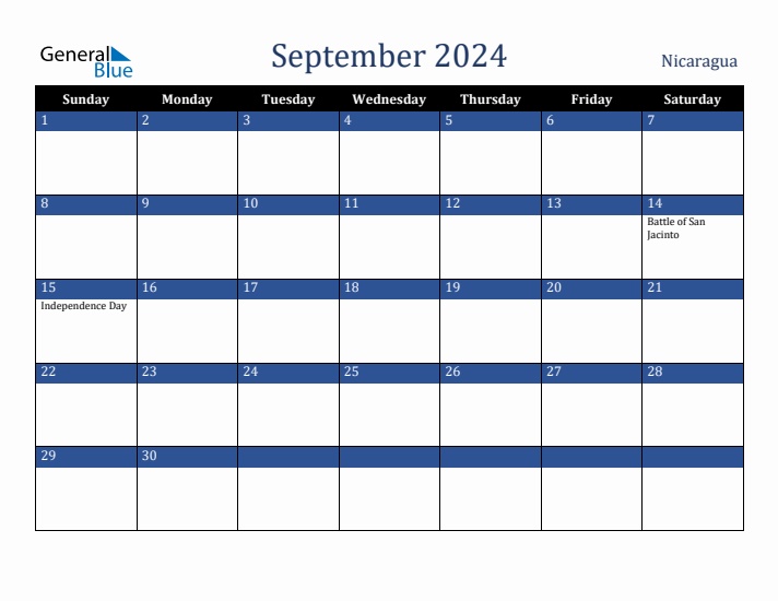 September 2024 Nicaragua Calendar (Sunday Start)