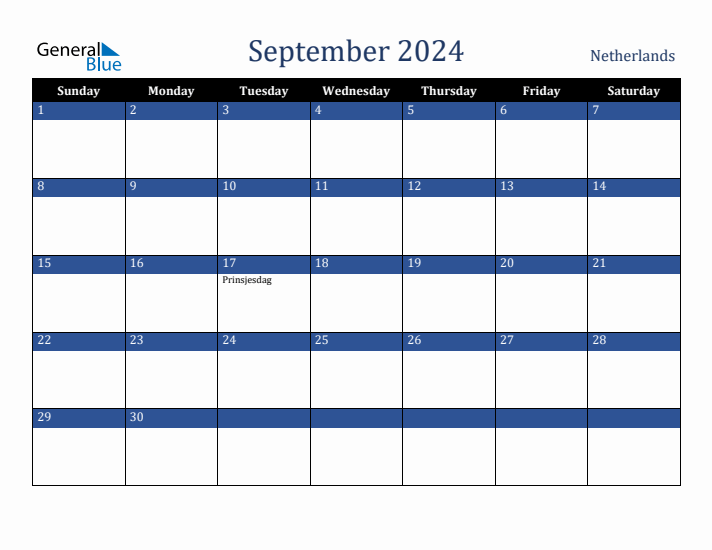 September 2024 The Netherlands Calendar (Sunday Start)