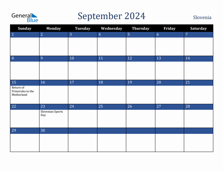 September 2024 Slovenia Calendar (Sunday Start)