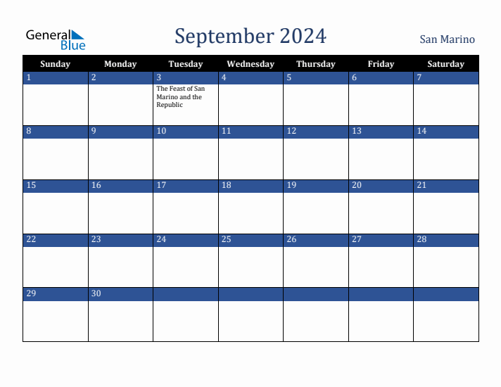 September 2024 San Marino Calendar (Sunday Start)
