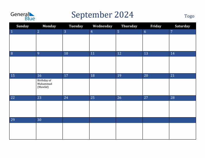 September 2024 Togo Calendar (Sunday Start)