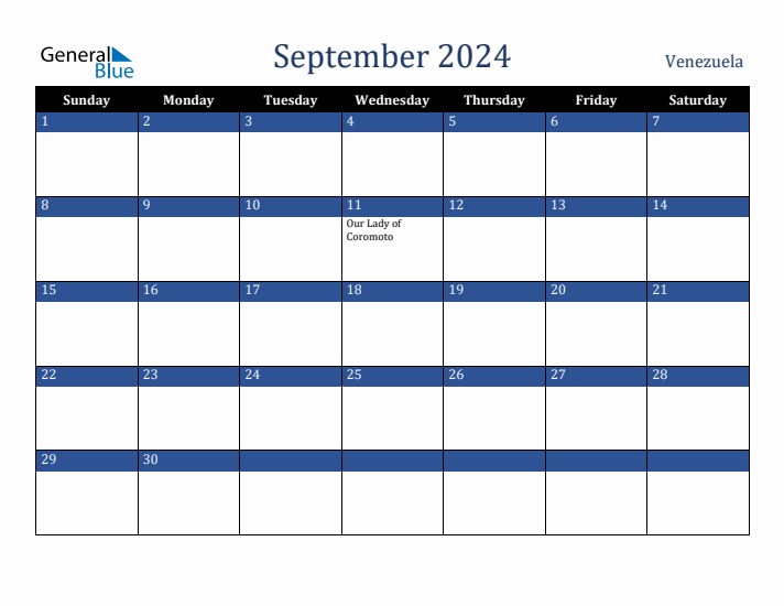 September 2024 Venezuela Calendar (Sunday Start)