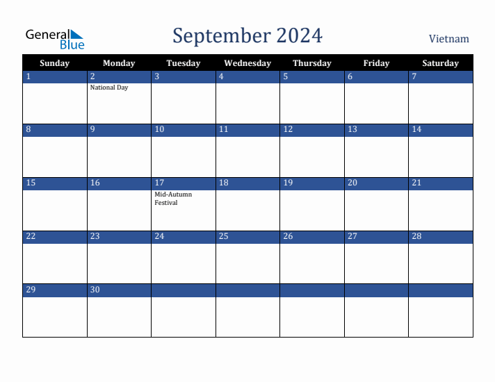 September 2024 Vietnam Calendar (Sunday Start)