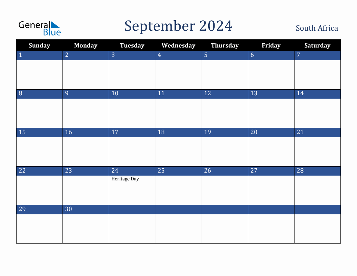 September 2024 South Africa Holiday Calendar