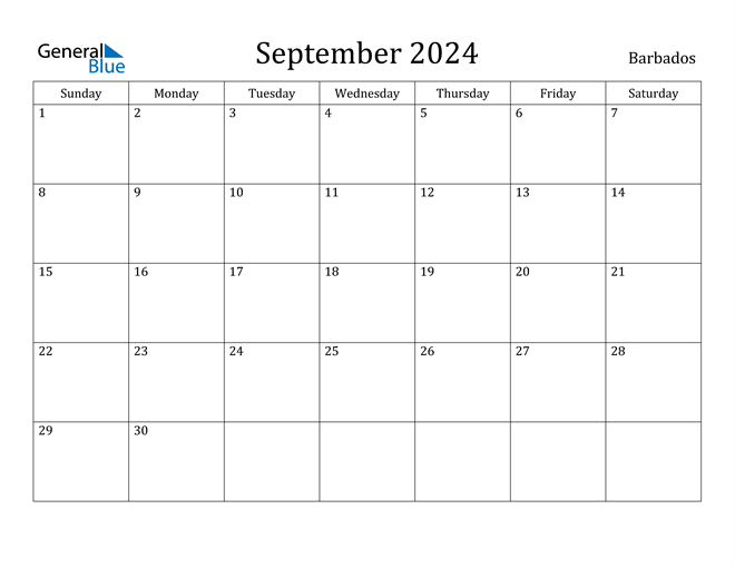 Barbados September 2024 Calendar with Holidays