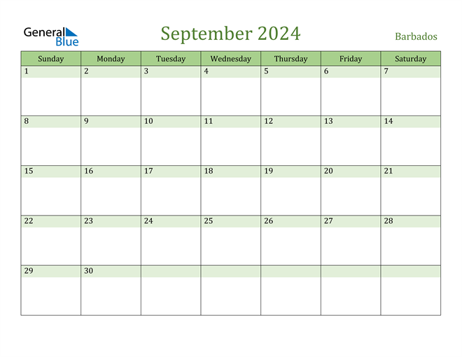 Barbados September 2024 Calendar with Holidays