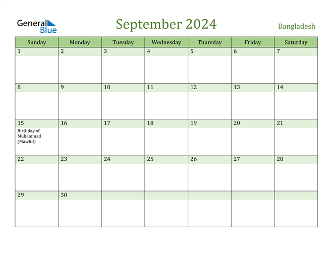 September 2024 Calendar with Bangladesh Holidays