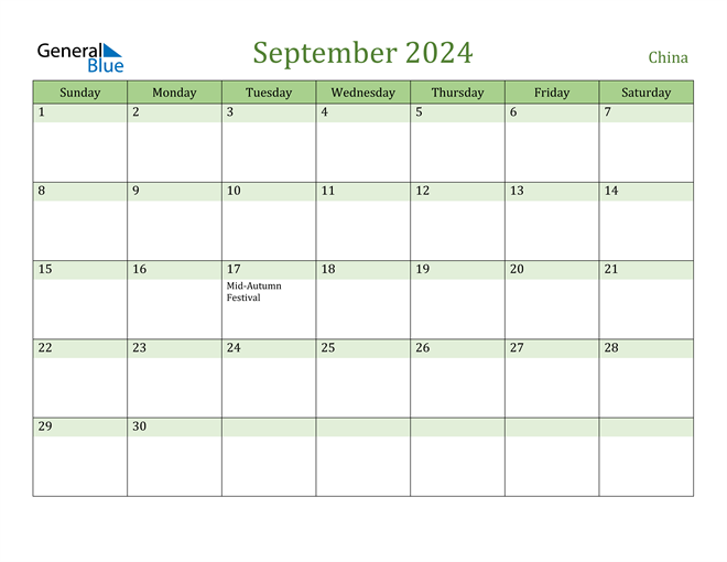 China September 2024 Calendar with Holidays