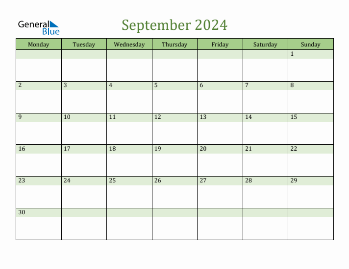 September 2024 Calendar with Monday Start