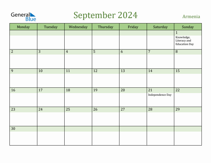 September 2024 Calendar with Armenia Holidays