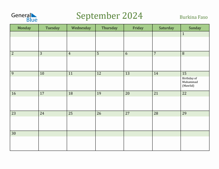September 2024 Calendar with Burkina Faso Holidays