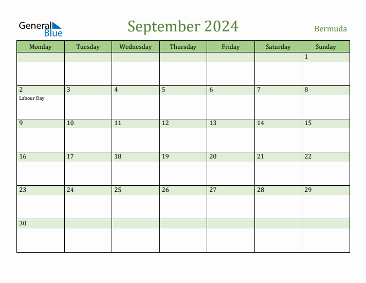 September 2024 Calendar with Bermuda Holidays