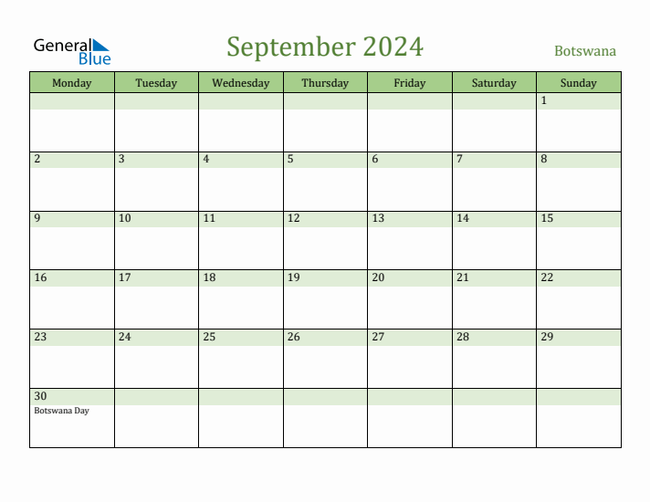 September 2024 Calendar with Botswana Holidays