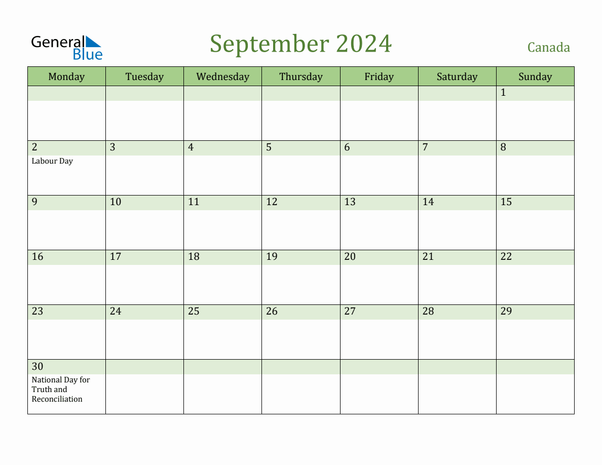 Fillable Holiday Calendar for Canada September 2024