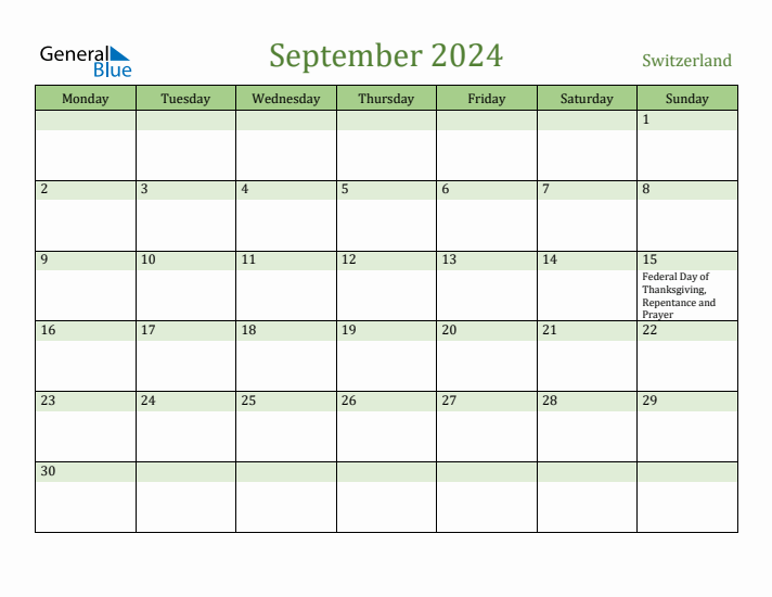 September 2024 Calendar with Switzerland Holidays