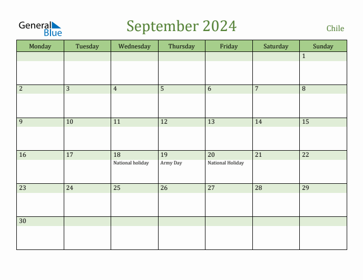 September 2024 Calendar with Chile Holidays