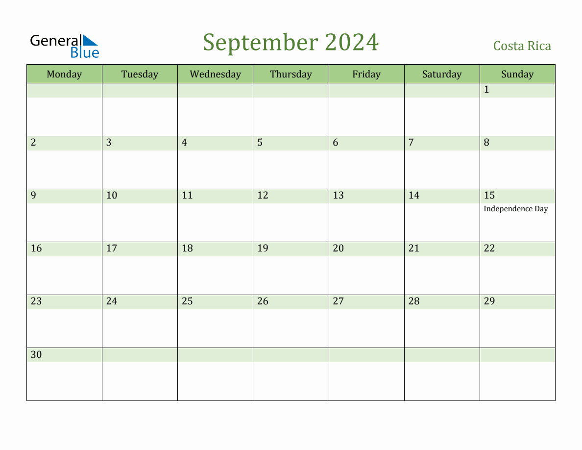 Fillable Holiday Calendar for Costa Rica September 2024