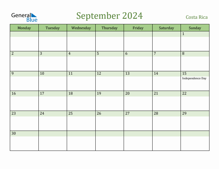 September 2024 Costa Rica Monthly Calendar with Holidays