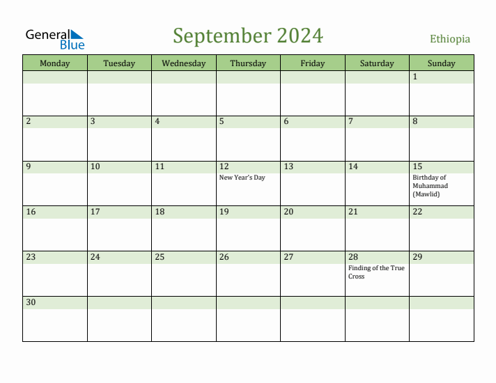 September 2024 Calendar with Ethiopia Holidays