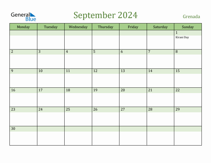 September 2024 Calendar with Grenada Holidays