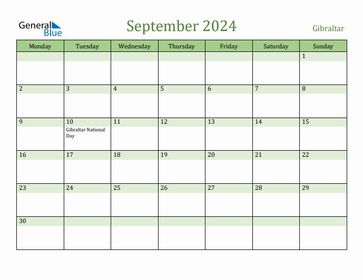 September 2024 Calendar with Gibraltar Holidays