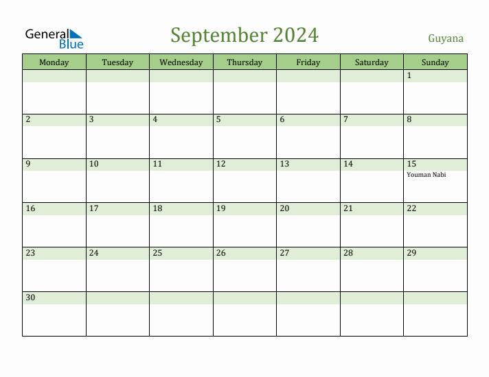 September 2024 Calendar with Guyana Holidays