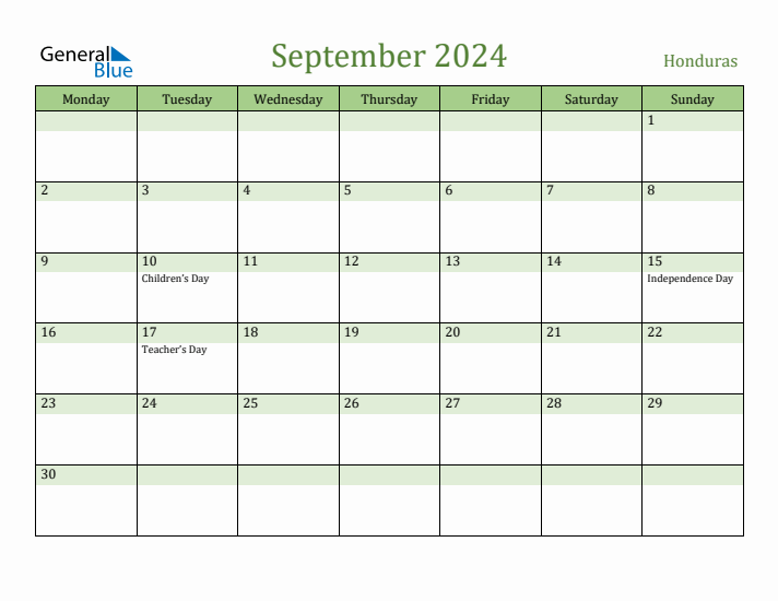 September 2024 Calendar with Honduras Holidays