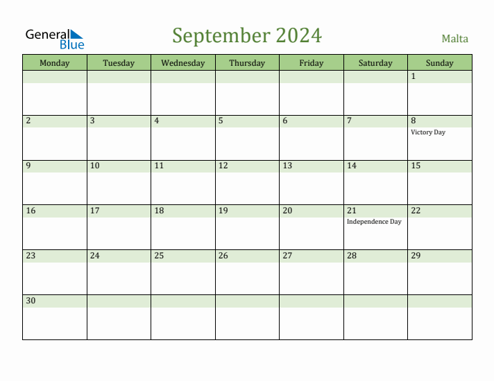 September 2024 Calendar with Malta Holidays