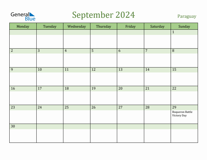 September 2024 Calendar with Paraguay Holidays