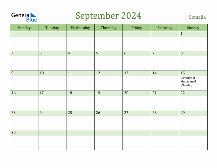 September 2024 Calendar with Somalia Holidays