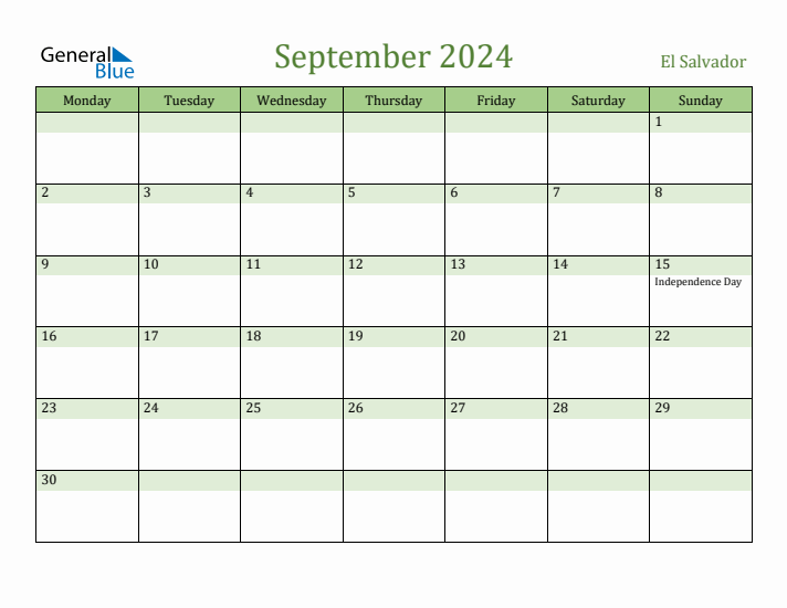 September 2024 Calendar with El Salvador Holidays