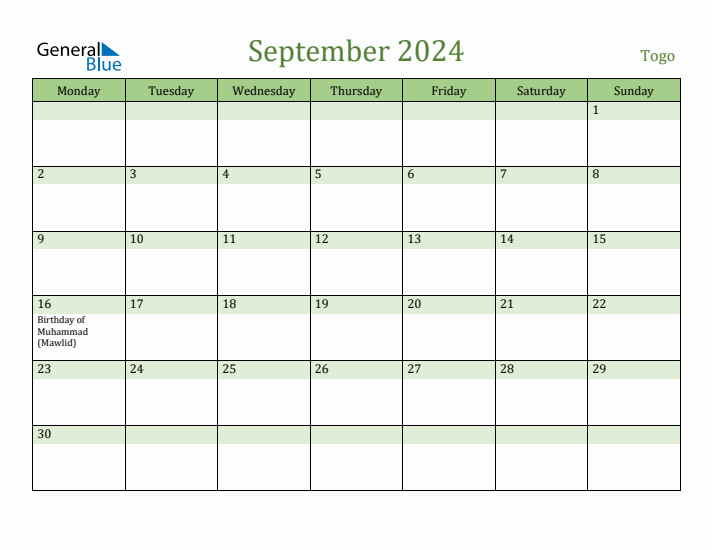 September 2024 Calendar with Togo Holidays