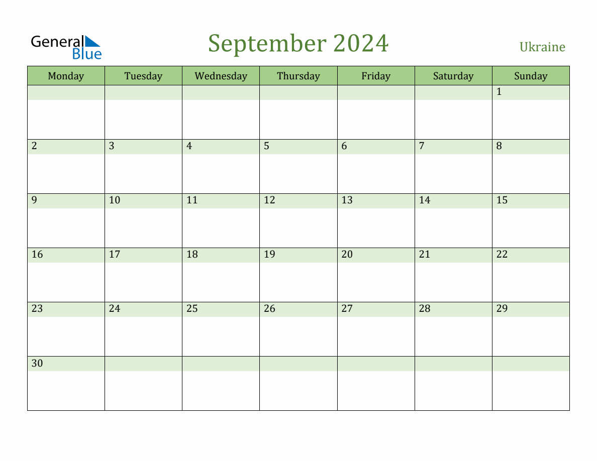 Fillable Holiday Calendar for Ukraine September 2024