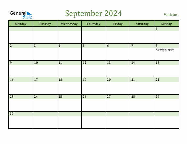 September 2024 Calendar with Vatican Holidays