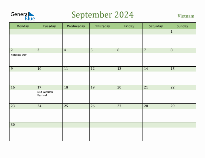 September 2024 Calendar with Vietnam Holidays