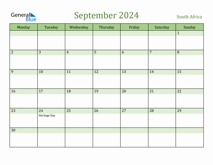 Fillable Holiday Calendar for South Africa September 2024