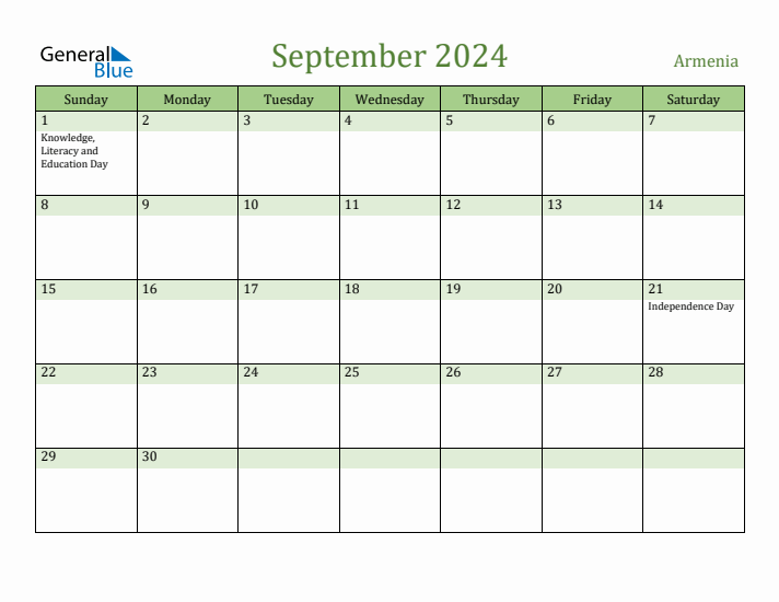 September 2024 Calendar with Armenia Holidays