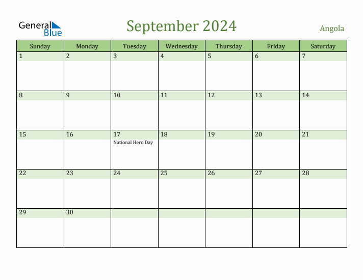 September 2024 Calendar with Angola Holidays