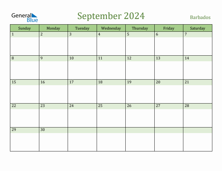 September 2024 Monthly Calendar with Barbados Holidays