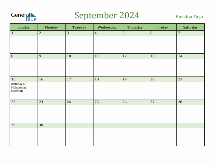 September 2024 Calendar with Burkina Faso Holidays