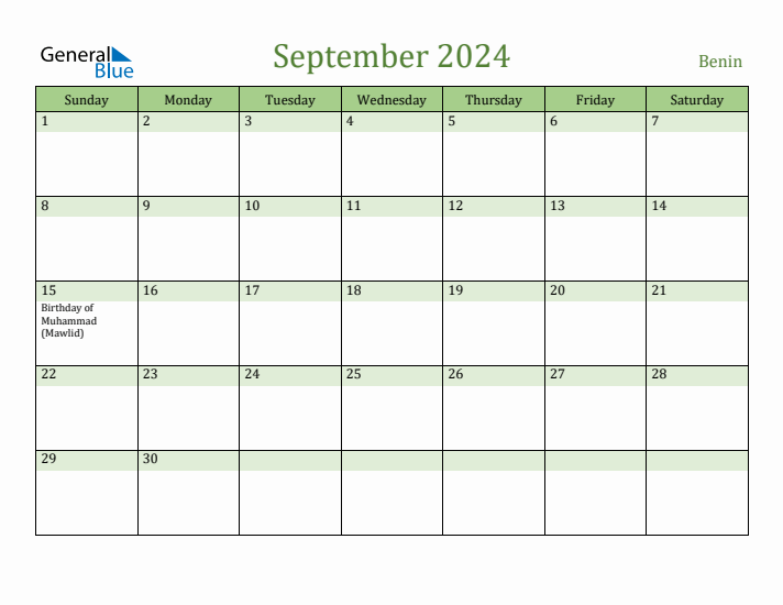 September 2024 Calendar with Benin Holidays