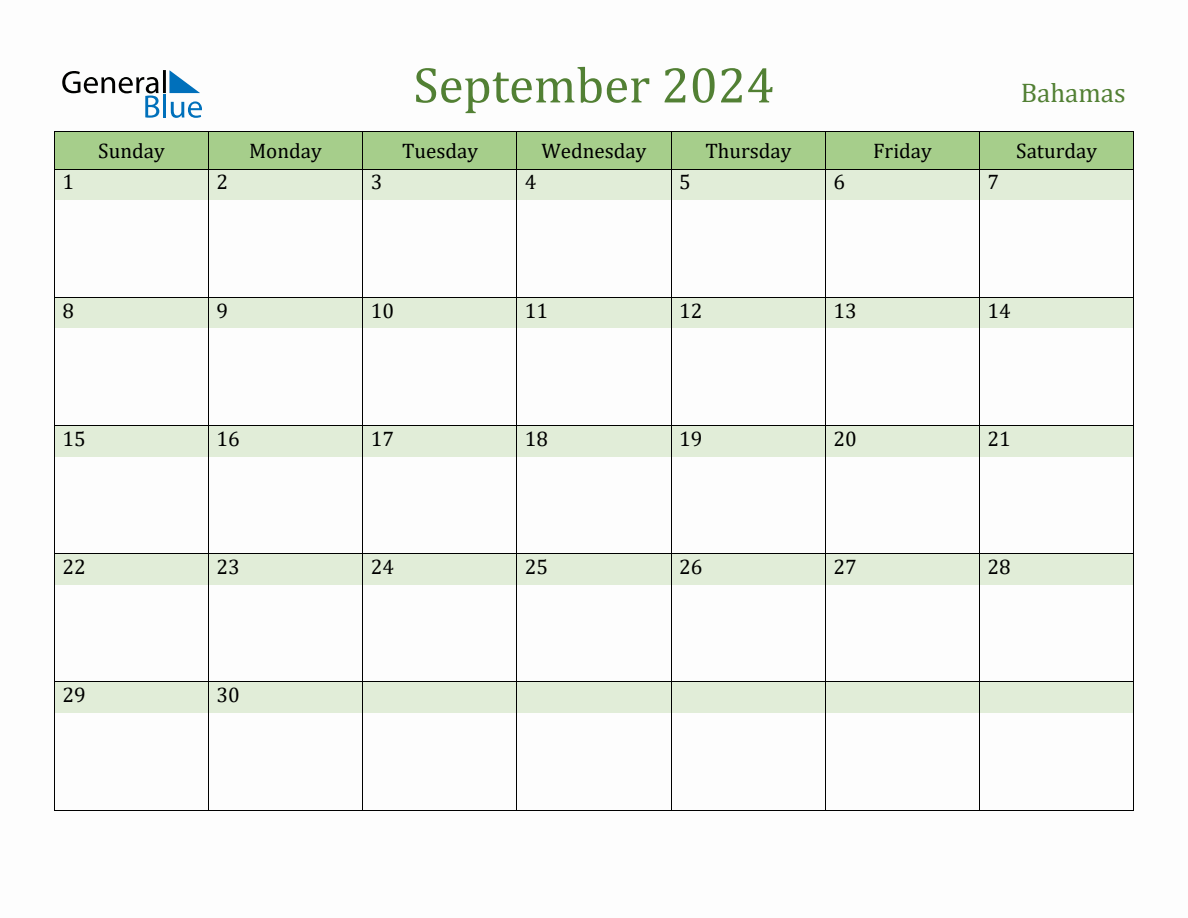 Fillable Holiday Calendar for Bahamas September 2024