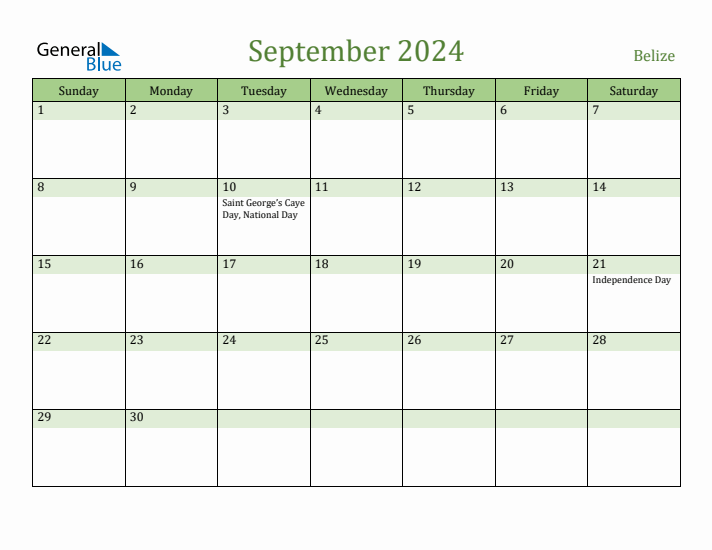 Fillable Holiday Calendar for Belize September 2024