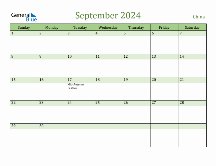 September 2024 Calendar with China Holidays